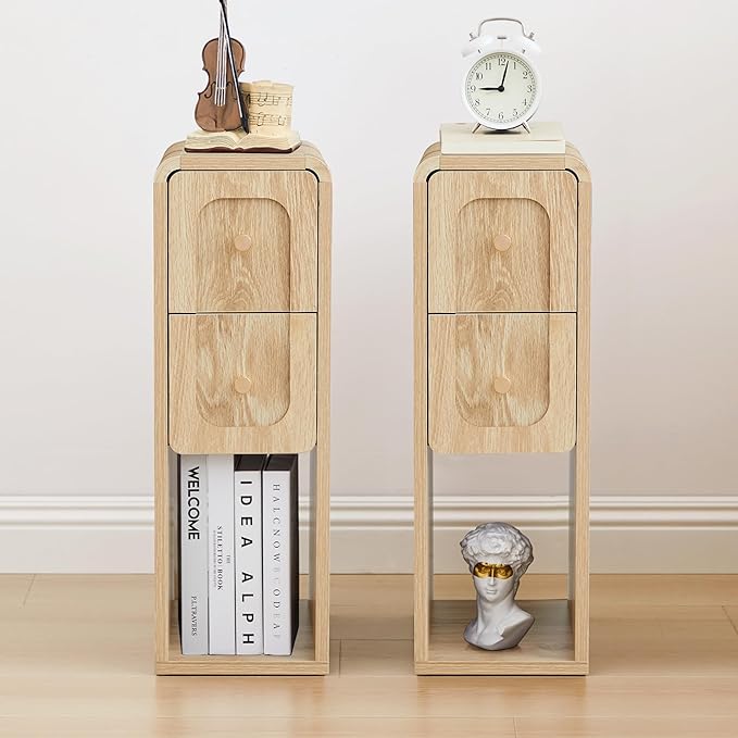 Small Nightstand Set of 2, Wooden Narrow Nightstands with 2 Drawers, Vintage Side End Table for Small Spaces, Skinny Night Stand, Bedside Table for Bedroom, Living Room (Natural-2PCS)