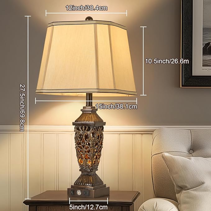 AIDENOEY 27.5“ Farmhouses Table Lamp with USB & USB-C Charging Ports, 3-Color Dimmable & Stepless Bottom Dimming, Touch Control & Switch, Vintage Bedside Lamp for Bedroom Living Room Office,(Brown)