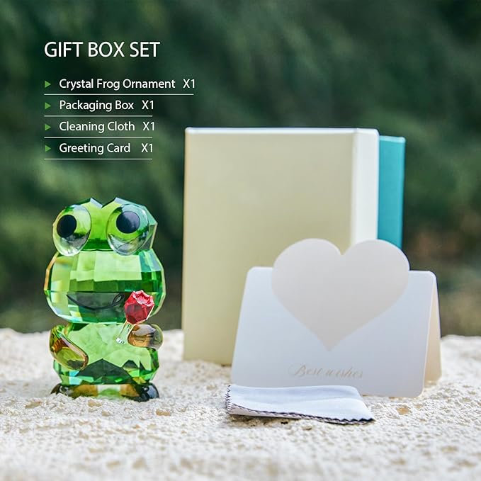 Crystal Frog Figurine with Red Rose - Art Glass Animals Desk Decor & Home Office Ornament, Handmade Glass Collectible Gifts