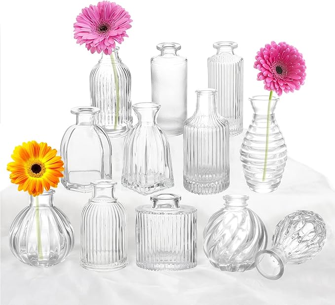 Bud Vases Set of 12, Glass Vase for Decor Centerpieces, Small Vases for Flowers, Clear Flower Vase Stripe Modern Bud Vases in Bulk, Vintage Vases for Floral Wedding Party Table Decoration Home Decor