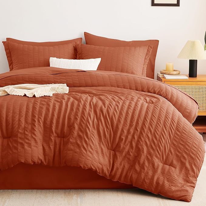 CozyLux Full Size Comforter Sets with Sheets Seersucker 7 Pieces Burnt Orange Bed in a Bag Luxury Terracotta Bedding Set with Down Alternative Comforter, Sheets, Pillowcases & Shams for All Seasons