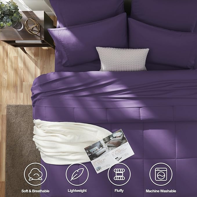 CozyLux Full Size Comforter Sets Purple, 7 Pieces Bed in a Bag, Purple Comforter Full Size, All Season Bedding Sets with Stitch Quilted Comforter, Flat Sheet, Fitted Sheet, Pillowcases
