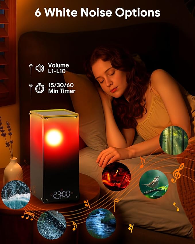 Sunset & Sunrise Table Lamp, Dimmable Ambient Desk Lamp with 6 White Noise Sounds, Touch & Remote Control with Timer for Bedroom, Living Room, Home Office, Bar, Restaurant