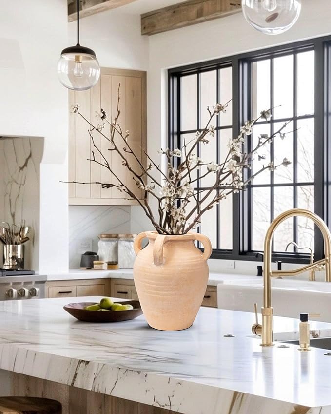 Handcrafted Flower Vase, 9.8" Tall Terracotta Vases, Vintage Rustic Ceramic Vase Décor with 4 Handles, Wide Mouth, Matte Finish for Home Office Resto Café Décor