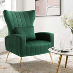 X-VOLSPORT Velvet Accent Chair, Mid Century Modern High Back Living Room Chair with Waist Pillow, Upholstered Arm Chair with Metal Gold Legs for Bedroom, Club, Green