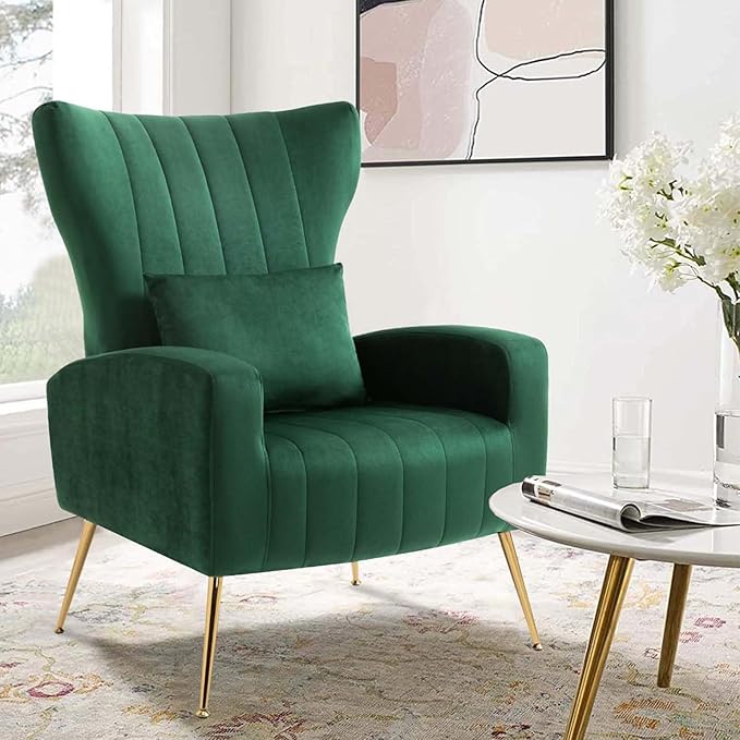 X-VOLSPORT Velvet Accent Chairs Set of 2, Mid Century Modern High Back Living Room Chair with Waist Pillow, Upholstered Arm Chair with Metal Gold Legs for Bedroom, Club, Green