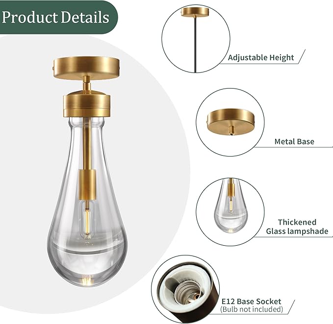 Espird Raindrop Pendant Lights - Brass Pendant Lights Kitchen Island, Teardrop Island Lights for Kitchen Set of 3 Modern Chandelier Pendant Light for Bedroom Bathroom Living Room