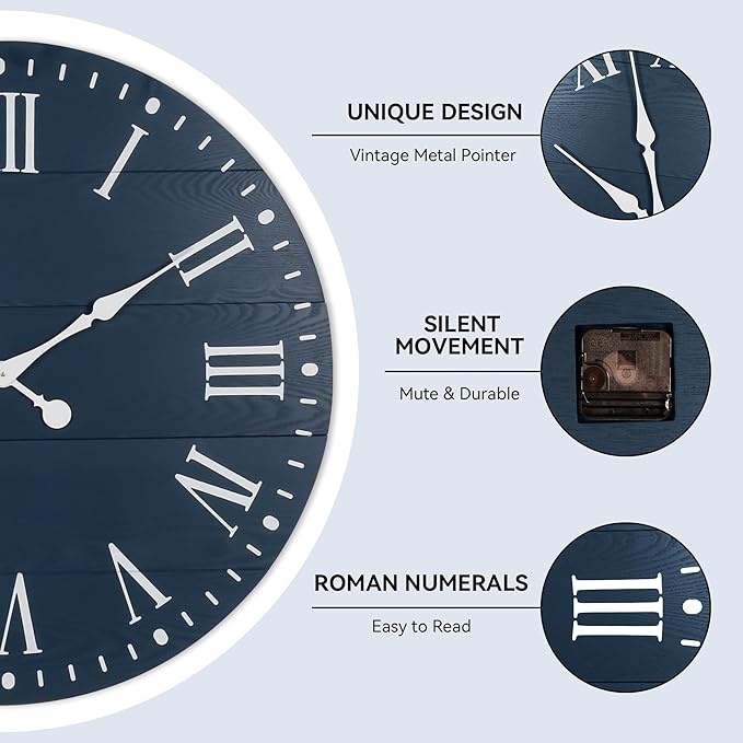 Large Wall Clock with Roman Numeral, 35” Shiplap Wall Clock Farmhouse Nearly Non-Ticking, Round Clock for Living Room Decor, Office, Bedroom, Entrance, Blue