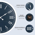 Large Wall Clock with Roman Numeral, 35” Shiplap Wall Clock Farmhouse Nearly Non-Ticking, Round Clock for Living Room Decor, Office, Bedroom, Entrance, Blue