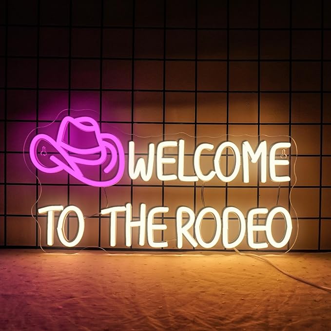 WLHOPE Welcome To The Rodeo Neon Sign Cowboy Hat Led Lights Dimmable Light Signs for Wall Decor 16.5 x 8.6 inches USB Powered Licked Light Signs for Bar Home Club Party Western Bedroom Decoration