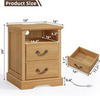 2PCS Farmhouse Nightstands with Charging Station，18" End Table with 2 Drawers，Farmhouse Nightstand with Vintage Handles, Bedside Cabinet for Bedroom for Bedroom, Living Room,Natural