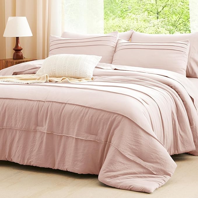 CozyLux Queen Comforter Set Blush Pink, 7 Pieces Soft Pinch Pleat Bed in a Bag Queen Comforter Set with Sheets, Boho Bed Set with Down Alternative Comforter, Sheets, Pillowcases & Shams