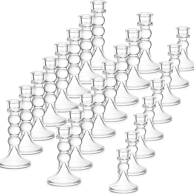 Mumufy 24 Pack Glass Taper Candle Holders Clear Candlestick Holder Fit 0.8 Inch Candles 4'' 6'' 8'' Tall Crystal Decorative Candlestick Stand Centerpiece for Table Wedding Dining Party (Glossy)