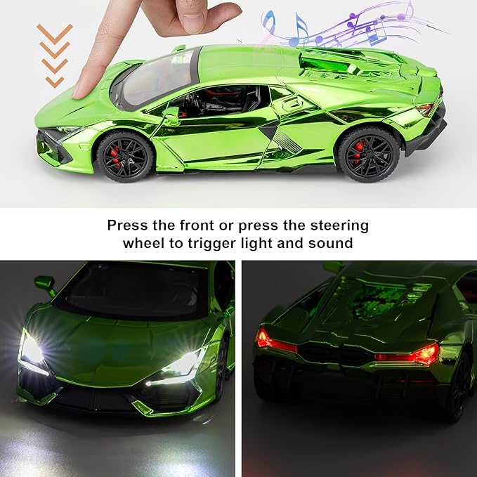 1/24 Scale Green Lambo Revuelto Diecast Car Model, Collectible Diecast Toy Car with Lights and Sounds, Pull Back Vehicles Toy for Adults Kids Birthday Gifts Decoration