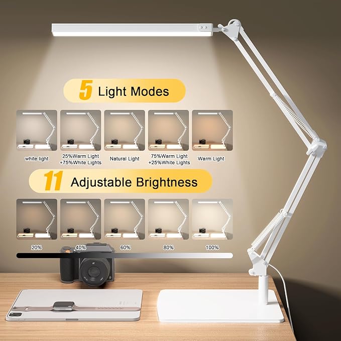 LED Desk Lamp with Clamp and Round Base,Eye Caring Table Lamp with Swing Arm,3 Color Modes 10 Brightness Levels,Memory Function,Desk Light for Home Office with USB Adapter White-14W