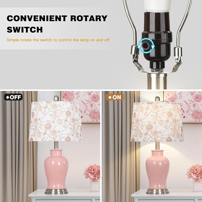 Pink Ceramic Table Lamp with Flower Lampshade, 23" Cute Bedroom Lamp with Ginger Jar Design, Modern Living Room Lamps Set 2, Elegant Bedside Lamps for Nightstand End Table Home Decor