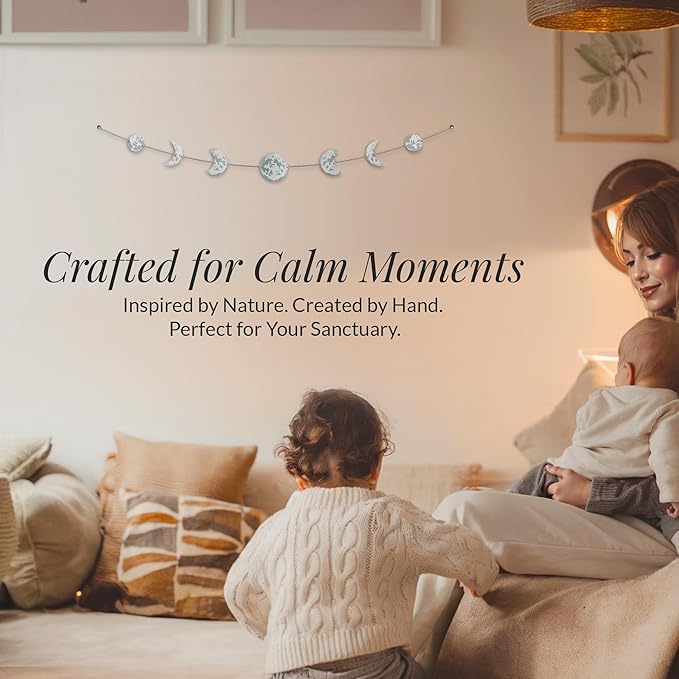 BASE ROOTS Moon Phase, White Gray Wall Decor for Bedroom & Living Room, Bohemian Wall Decor, Handmade Hammered Metal 34" 7 Phases Moon, Celestial Wall Art, Gift for Women & Kids