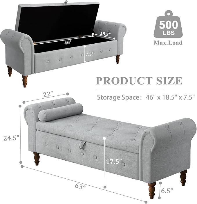 Storage Ottoman Bench for Bedroom, 63" End of Bed Bench with Rolled Arms Upholstered Ottoman Bench Fit for Bedroom, Living Room, Entryway, Velvet Light Gray