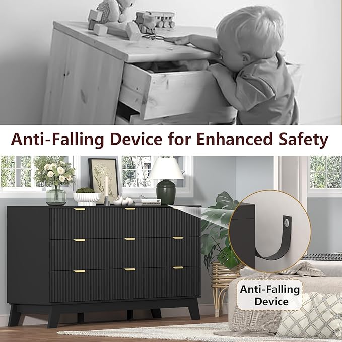 Fluted Black Dresser for Bedroom,9 Drawer Dresser for Closet,57" Wide Storage Cabinet and Chest of Drawers with Gold Handle,TV Stand,Storage Organizer for Living Room,Hallway,Entryway