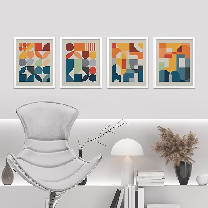 SIGNWIN Framed Mid-Century Modern Colorful Geometric Polygons Wall Art, Set of 4 Abstract Geometric Wall Decor Prints, Nature Wilderness Wall Décor for Living Room, Bedroom - 8"x10" White