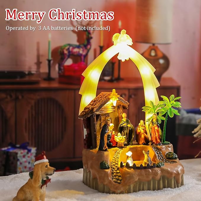 VCUTEKA Christmas Village Houses, Nativity Scene with Crystal Angel and Rotating Sheep Lighted Musical Christmas Village Collectible Building for Xmas Indoor Decorations or Holiday Table Displays
