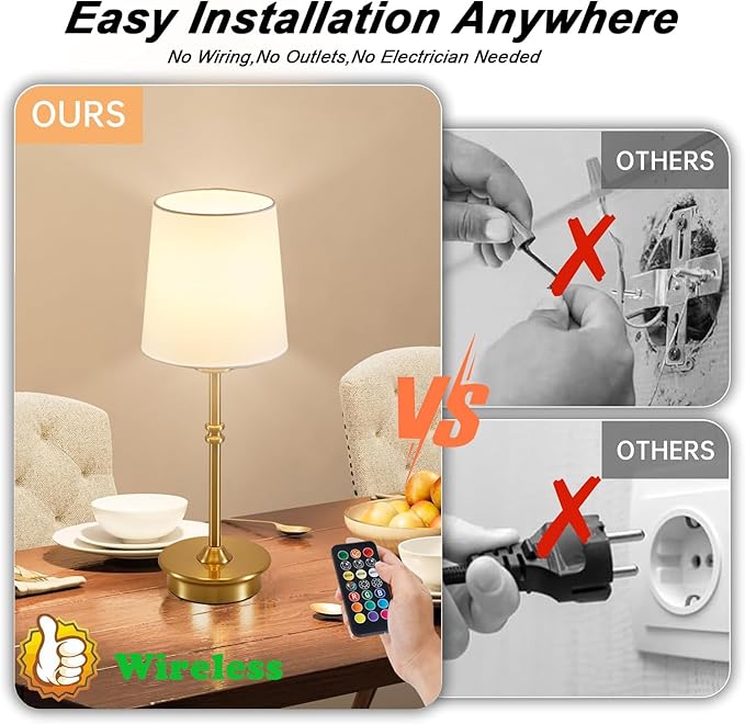 Rechargeable Cordless Table Lamp, Brushed Gold Battery Operated Desk Lamps with Detachable LED Bulbs, 13 Colors Dimmable Bedside Lights for Bedroom, Bar, Night Light, Camping