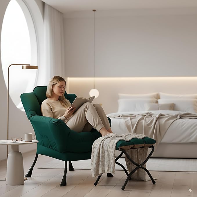 Cozy Lazy Chair and Ottoman, Large Contemporary Accent Lounge Chair Set, Leisure Upholstered Reading Armchair for Bedroom, Living Room, Dorm Rooms, Office