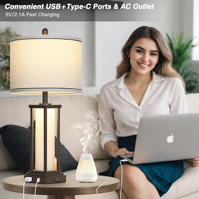 27" Tall Vintage Table Lamps with USB C+A & Outlet,Brown End Table Lamp Set of 2 for Living Room,Rustic Bedside Lamps with Frosted Glass Night Light for Bedroom Nightstand,Oil-Rubbed Bronze