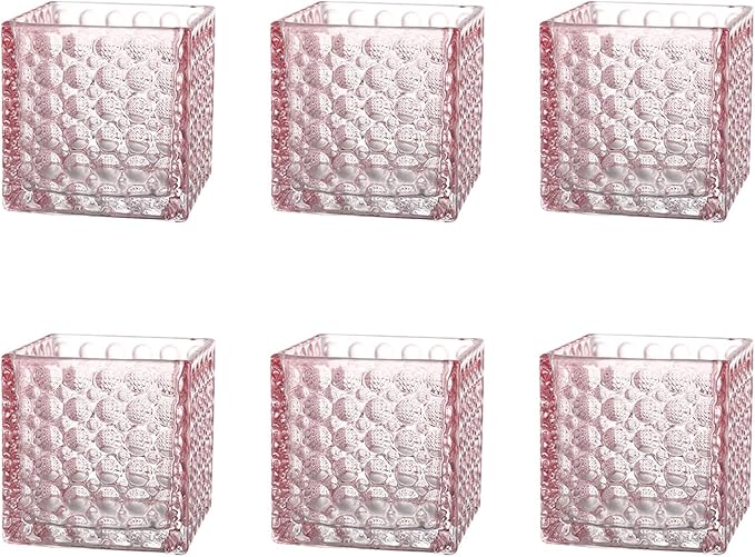 Square Vases Set of 6, 4" x 4" x 4" Square Glass Vases for Flowers, Pink Flower Vase for Centerpieces, Small Bubble Vase for Wedding, Party, Home, Office, Parties, Events