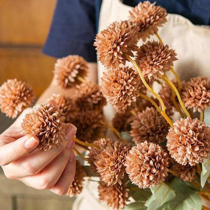 6 Artificial Silk Flowers + 3 Eucalyptus, Artificial Chrysanthemums with Stems for Home Decor, Light Taupe