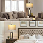 Farmhouse Industrial Lamp with USB A+C Charging Ports & AC Outlet, 26" Vintage Rustic Retro Table Lamp with Glass LED Night Light & Linen Fabric Shade for Living Room Bedrooms Single(2 Bulbs Included)