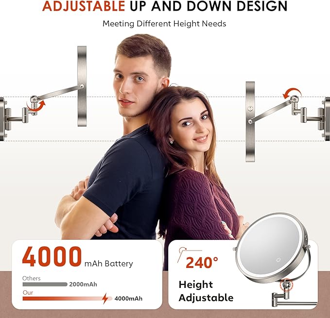 9" Wall Mounted Lighted Makeup Mirror,4000mAh Rechargeable Double Sided 1X/20X Magnifying Mirror with Light,Touch Dimmable,Extended Arm 360 Rotation Wall Mounted Makeup Mirror 3 Color Lights-N