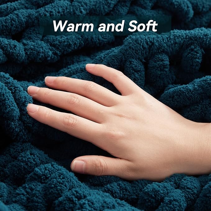Chunky Knit Throw Blanket, 50''*60'' Knitted Throw Chenille Yarn for Bed Couch, Handmade Peacock Blue Crochet Big Thick Blanket, Machine Washable Cute Comfy Blanket for Home Decor