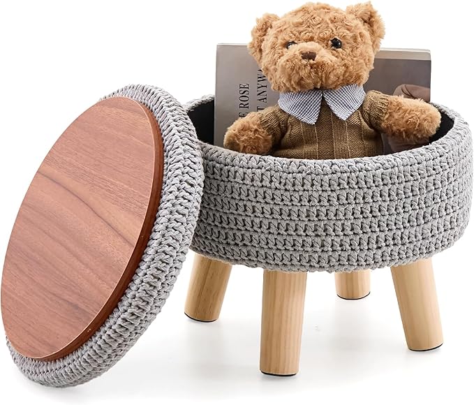 Wimarsbon Pouf Ottoman, 100% Cotton Knitted Boho Footstool, Round Footrest with Non-Skid Wood Legs, Home Décor Handmade Pouffe, Leisure Floor Step Stool for Living Room (Storage Grey)