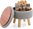Wimarsbon Pouf Ottoman, 100% Cotton Knitted Boho Footstool, Round Footrest with Non-Skid Wood Legs, Home Décor Handmade Pouffe, Leisure Floor Step Stool for Living Room (Storage Grey)
