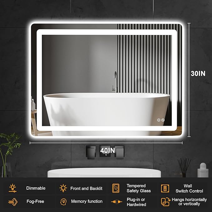 Led Mirror for Bathroom, 30x40 Bathroom Vanity Mirror for Wall with Light, IP54 Enhanced Anti-Fog, Dimmable 3 Colors, Memory Function, Backlit and Front Lit, Shatter-Proof Glass, Plug-in/Hardwired