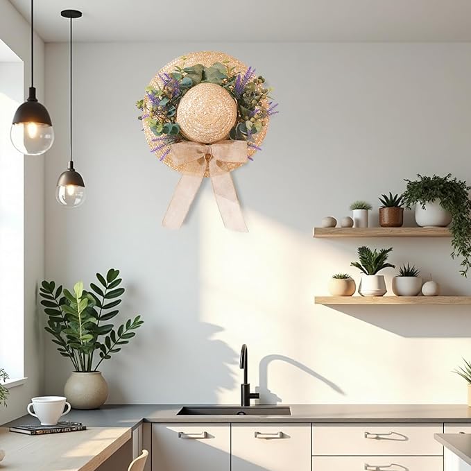 Dilicoming Spring Eucalyptus Wreaths for Front Door - 16 Inch Summer Fall Straw Hat Wreath with Bow, Women Gift, Indoor Outdoor Wreaths for Wall, Window, Farmhouse, Party, Holiday Home Décor