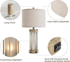 Farmhouse Table Lamps Set of 2 for Living Room, Vintage Bedroom Nightstand Lamp with Dual USB Ports, Bedside Lamp with Frosted Glass Nightlight for End Table Entryway, 4 Bulbs Included (Earthy Gray)
