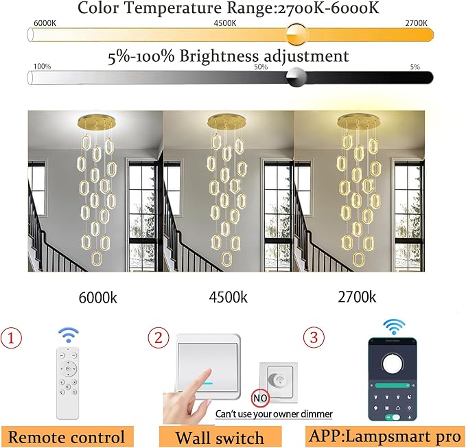 Large Crystal Chandeliers for Stairs Long Spiral Chandelier for High Ceilings LED Crystal Ring Chandelier Dimmable 2700K-6000K 16-Light Gold