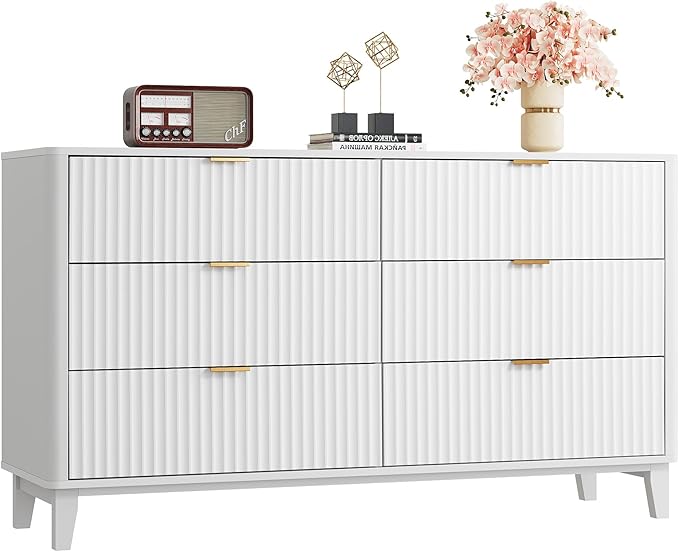 WLIVE Fluted Dresser for Bedroom with 6 Drawers, 54" Wide Wood Dresser with Golden Metal Handles, TV Stand for 65 inch TV, Mid Century Modern Chest of Drawers for Living Room, Hallway, Closet, White