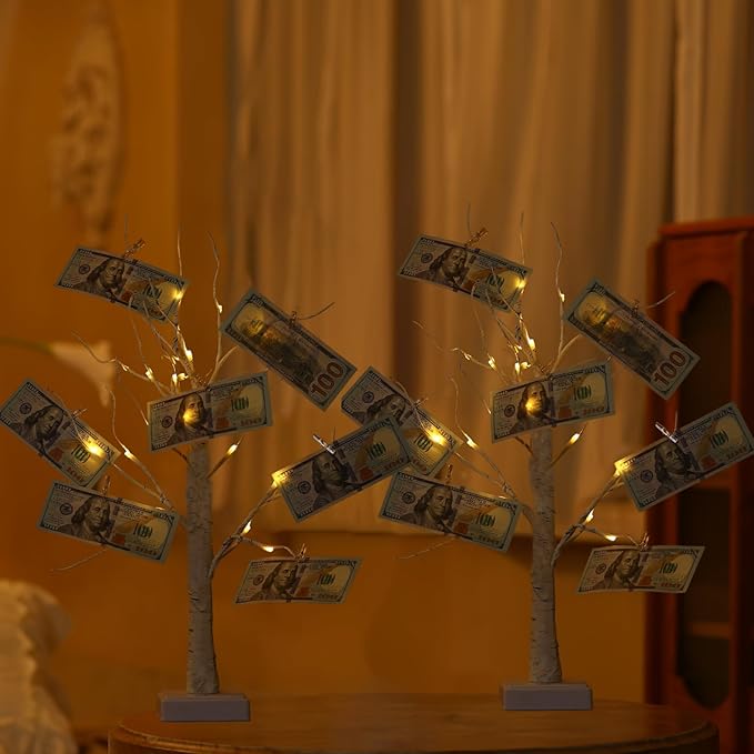 Meonua2-pack Money Tree Gift Card Holder LED Twig Lights - Battery/USB Powered Light Up Display with 22 Clear Clips for Birthday Wedding Photo (Warm Color)