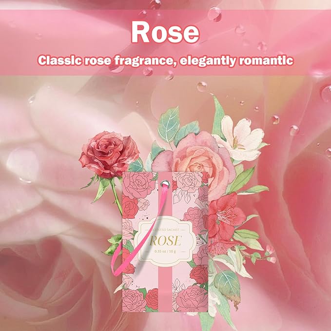 SCENTORINI Scented Sachets for Drawers and Closets, Rose Scent 14 Pack, Long-Lasting Sachets Bags Wardrobe Freshener, for Drawers, Closets, Cars