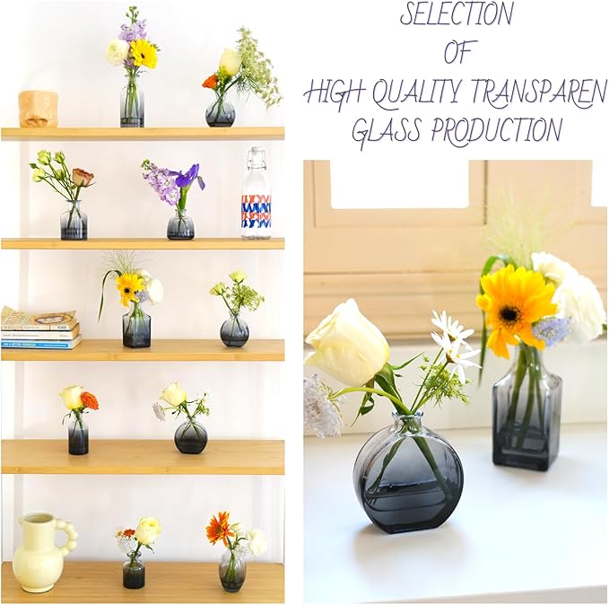 Bud Vases Set of 12, Black Clear Glass Bud Vases, Small Vases for Centerpiece Modern Flower Vases in Bulk, Mini Glass Vase for Wedding Centerpieces, Party Table Decor, Home Déco