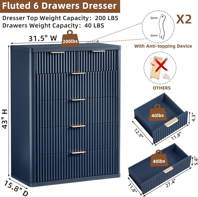 LEYAOYAO Fluted 6 Drawers Dresser for Bedroom Set of 2, 42" Tall Modern Chest of Drawers with Metal Handle, Curved Profile Design,Blue Wood Drawer Organizer for Bedroom, Living Room, Hallway
