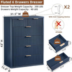 LEYAOYAO Fluted 6 Drawers Dresser for Bedroom Set of 2, 42" Tall Modern Chest of Drawers with Metal Handle, Curved Profile Design,Blue Wood Drawer Organizer for Bedroom, Living Room, Hallway