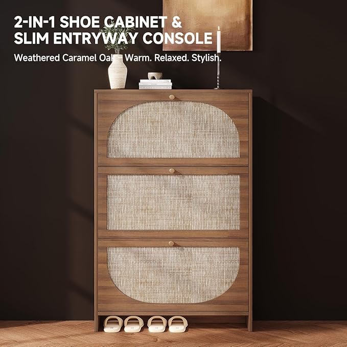 Nicetree Freestanding Ultra Slim Fluted Accent Shoe Storage Cabinet for Entryway - 3 Flip Drawers & 3-Tier Adjustable Shelves, Farmhouse Modern Rustic Shoe Rack for Hallway, Foyer