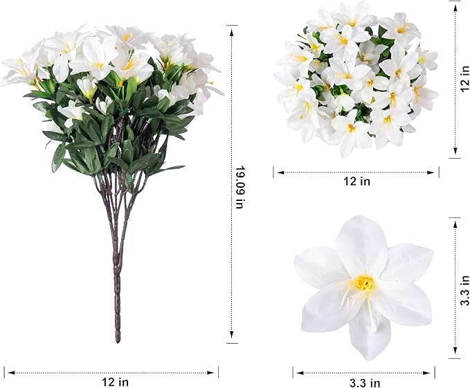 Artificial Flowers for Outdoors, 3 Bundles Fake Silk Azalea Bouquet Faux Flower Plants Outside Decoration UV Resistant Realistic Fake Flowers for Planter Front Door Patio Garden Walkways Home, White