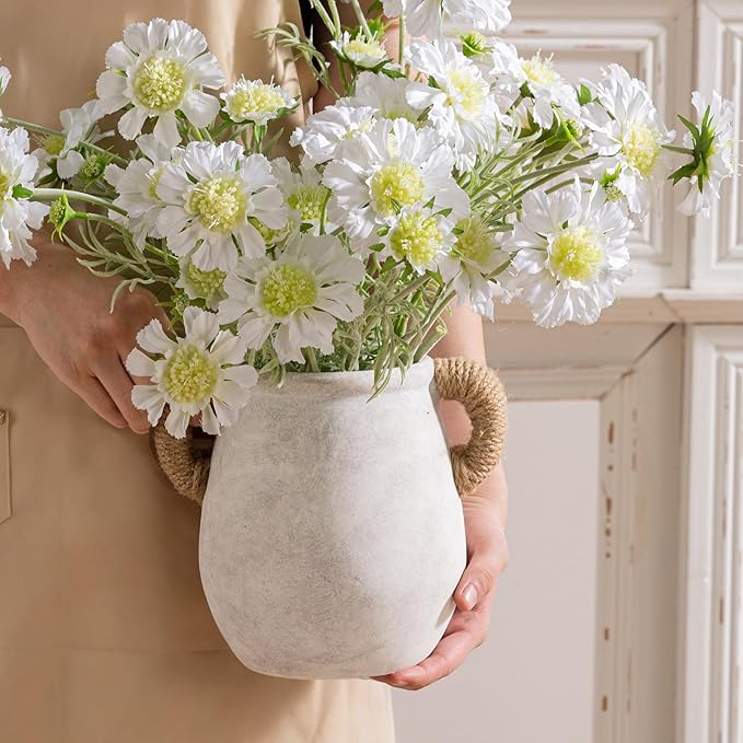 Ceramic Flower Vase Home Decor - 7.1 Inch White Rustic Table Flowers Vases Living Room Bedroom Plant Decoration Modern Farmhouse Vintage for Kitchen Shelf Office Coffee Dining Desk House Women