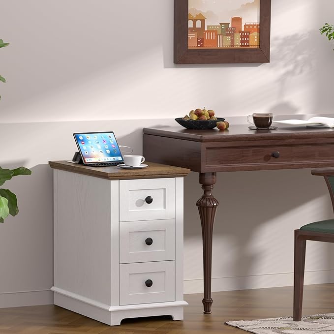 HIFYOBRO 3 Drawers End Table with Flip Top Charging Station, Type-C & USB Port & Power outlets, Wooden Storage End Table, Side Table with Storage for Living Room and Bedroom
