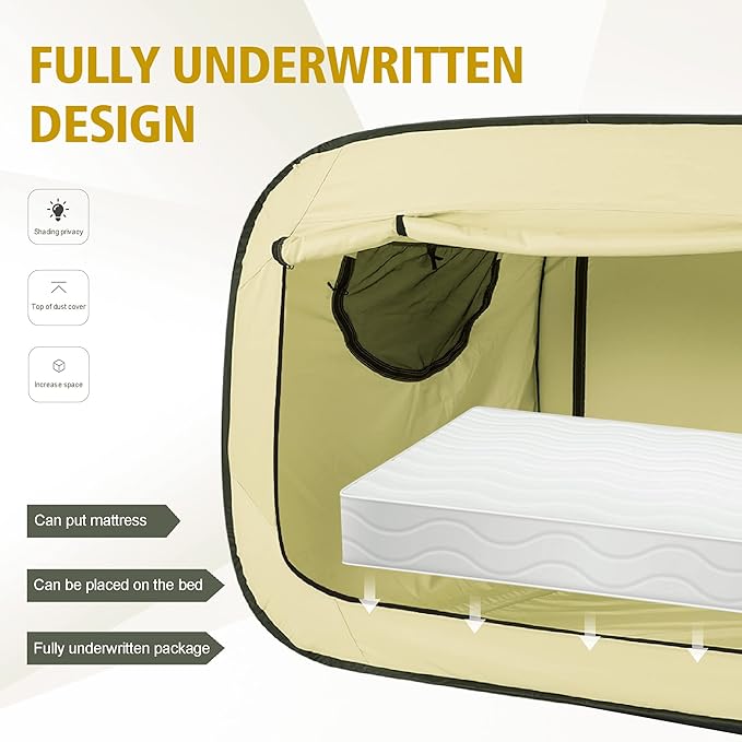 Bed Tent Twin Bed Canopy Portable Dream Tent for Adult Indoor Sleeping Tents with 2 Doors Breathable Private Space Tents, Pale Yellow